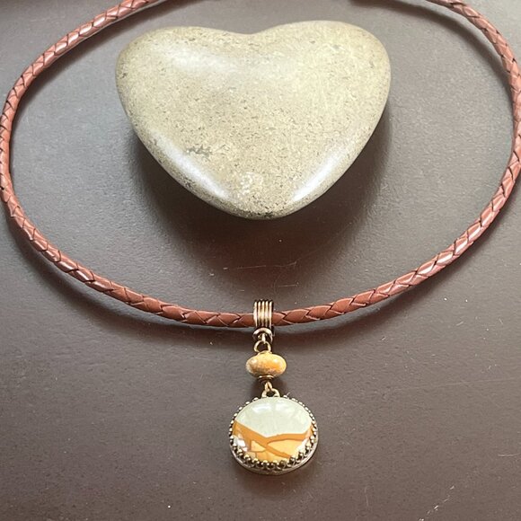 Braided Leather Necklace, Picture Jasper Pendant, Womens Mens Layering Necklace - Picture 2 of 6